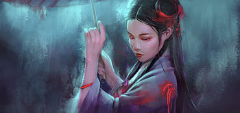 Rainy day, umbrella, blue, kimono, frumusete, art, rain, asian, parasol, gorgeous, girl, superb, hongyu shen, fantasy, red, face HD wallpaper