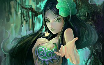 ★HAPPY WITH GREEN GIRL★, cute, colors, wild, Fantasy, charm, flower, trees, happy, lips, female, magic, eyes, paintings, beautiful, wood, pretty, love, green, cool, face, leaf, girls, women, lovely, forest, splendor, hair, bra HD wallpaper
