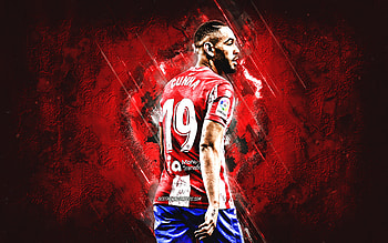Matheus Cunha, Atletico Madrid, Brazilian soccer player, red stone background, La Liga, Spain, soccer HD wallpaper