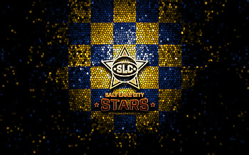 Salt Lake City Stars, glitter logo, NBA G League, yellow blue checkered background, basketball, american basketball team, Salt Lake City Stars logo, mosaic art HD wallpaper