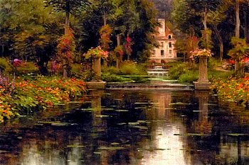 Painting, river, sky, house HD wallpaper