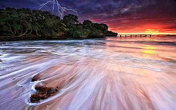 Thunder Storm Roar, sea, roar, thunder, bridge, trees, nature, storm, sunset, ocean HD wallpaper