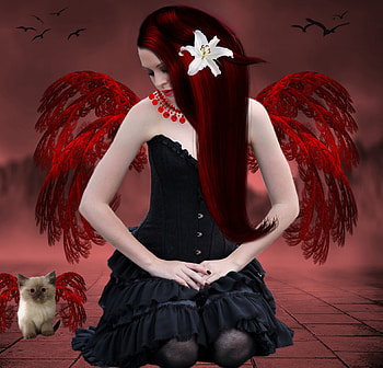 ✫The Innocence of Evil✫, colorful, birds, devil, cute, colors, necklace, digital art, dress, flower, fantastic, animals, bright, female, innocence, wings, model, evil, cat, beautiful, dark, fantasy, pretty, manipulation, red, cool, girls, women, redhead, lovely, hair HD wallpaper
