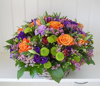 Flowers, Roses, Leaves, Chrysanthemum, Bouquet, Basket, Composition HD wallpaper