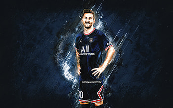 Lionel Messi, Paris Saint-Germain, blue stone background, Messi PSG, grunge art, Ligue 1, PSG, Leo Messi HD wallpaper