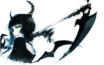 Death Master, black, dress, darkness, wing, short hair, art, horns, girl, beautiful, dark, demon, death, anime girl, scythe, anime, lovely, green eyes HD wallpaper