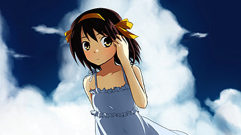 Suzumiya Haruhi, sexy, suzumiya haruhi no yuutsu, hair ribbons, cute, pretty, blue dress, short hair, brown hair HD wallpaper
