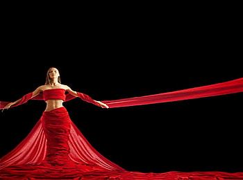 Color of a rose, flowing, black background, outstretched arms, red, dress, woman HD wallpaper