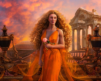Eos, evgeny dvoretckiy, frumusete, art, girl, orange, rose, fantasy, trandafir, redhead HD wallpaper