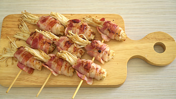 Grilled bacon wrap, Enoki mushroom skewer, Finger food, Outdoor cooking HD wallpaper