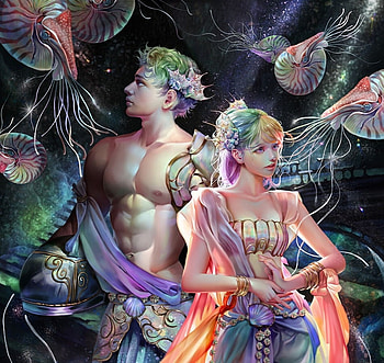 Fantasy couple, frumusete, man, gorgeous, jellyfish, girl, dreamingfire, nautilus, rotheus, summer, superb, fantasy, couple, fish, water, vara HD wallpaper