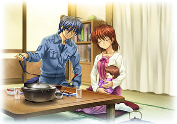 I'm home...Nagisa,Ushio, dinner, nagisa, tomoya, clannad, okazaki, daughter, anime, key, mother, game, work, father, ushio, home HD wallpaper