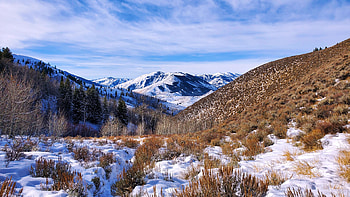 Vista in Sun Valley, Idaho, usa, snow, hills, trees, clouds, sky HD wallpaper