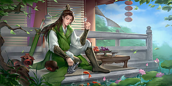 Fantasy man, summer, fantasy, green, man, pesti, fish, tang xing, vara, luminos HD wallpaper