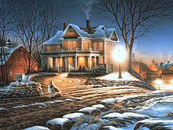 Lights Of Home, winter, night, dog, town, houses, charm, homestead, colie, traditions, warm, road, barn, lamps, cold, country, family, christmas, lights, waiting, street, chimney, smoke, truck, home HD wallpaper