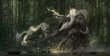 On the way, boat, white, fantasy, art, xiaodi jin, dragon, luminos, forest HD wallpaper