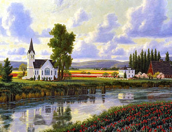 Reflection of Grace, summer, barn, sky, flowers, church, water, tree HD wallpaper