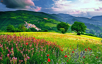 Mountain village, Panoramic views, Stunning backdrop, Nature's tranquility HD wallpaper
