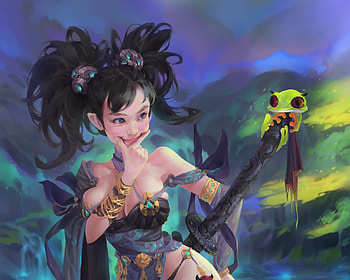 You're so cute!, girl, frog, blue, frumusete, z wy, gorgeous, dark, superb, zwy, zwyart, fantasy, green, luminos HD wallpaper