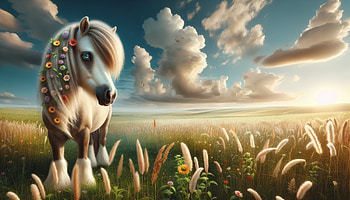 Majestic Pony in Flower Meadow, pony, horse, flower, landscape, cloud HD wallpaper