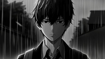 man in the rain in black and white, Anime, monochrome, rain, night, anime night, Rain Anime HD wallpaper