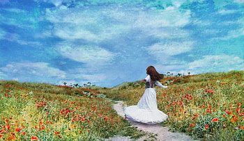 Me and beautiful nature, god, dreamer girl, blue, dreamer, sunny day, beauty, thank you, dreams, girl, grass, white dress, life, field, clouds, nature, sky, flowers, beautiful day HD wallpaper