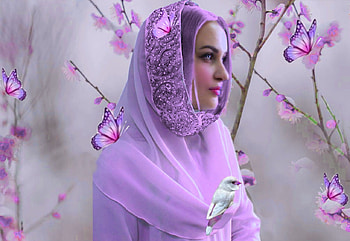 The Purple Shawl, bird, shawl, bright, bold, girl, colorful, white, vibrant, purple, butterflies, vivid HD wallpaper