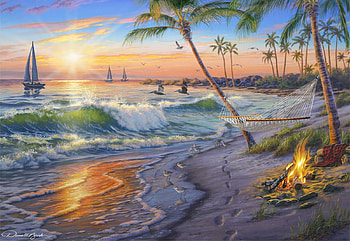 Sunset Cruise, beach, artwork, sea, waves, painting, campfire, palm trees HD wallpaper