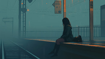 Sitting At Train Station, anime-girl, anime, train-station, artist, artwork, digital-art HD wallpaper