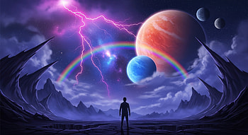 Alone Man Watching Planets With Lightning And Rainbow, alone, man, planets, lightning, rainbow, artist, artwork, art, digital-art, ai, deviantart HD wallpaper