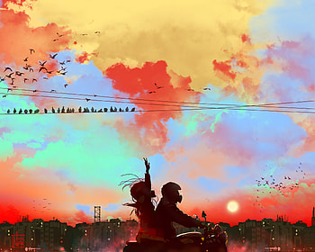 Sunset, Art, Couple, Pair, Motorcyclist, Motorcycle HD wallpaper
