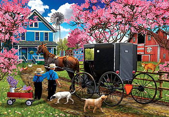 Cherry Blossom Time, children, barn, coach, horse, painting, blossoms, house, dogs HD wallpaper