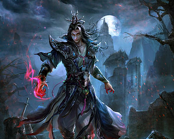 Necromancer, night, blue, white, hgjart, art, man, pink, soul, moon, fantasy, magical, luna, luminos HD wallpaper