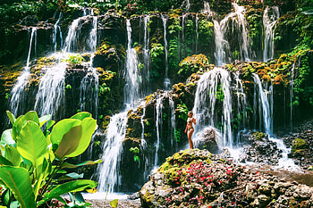 Bikini Model Posing at a Waterfall, waterfall, bikini, model, nature HD wallpaper