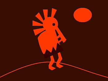 Kokopelli, flute, feathers, man, player, indian, orange, brown, red, sun HD wallpaper