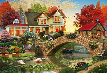 Morning Sunrise, artwork, river, digital, bridge, trees, autumn, cottage HD wallpaper