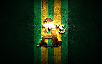Oakland Athletics emblem, MLB, golden emblem, green metal background, american baseball team, Major League Baseball, baseball, Oakland Athletics HD wallpaper