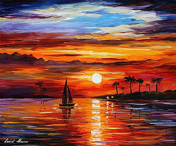 Sunset on the beach, boat, sea, art, beach, summer, leonid afremov, painting, red, pictura, sky, water, vara, sunset HD wallpaper