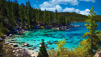 Lake Tahoe, California, landscape, trees, water, forest, rocks, usa, stones HD wallpaper