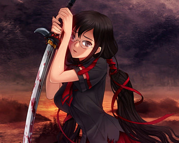 Kisaragi Saya, scary, gloom, cute, long hair, creepy, scare, twintails, glasses, , sunglassses, saya kisaragi, kisaragi, blood, female, bloody, sexy, sword, ribbon, hot, girl, gloomy, black hair, dark, blade, anime girl, anime, blood c, weapon, horror, saya HD wallpaper