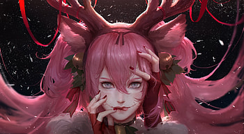 Christmas girl, christmas, frumusete, pink, craciun, horns, fantasy, reindeer, face HD wallpaper