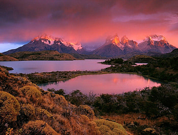 Torres Del Paine National Park, Patagonia, Chile, plants, patagonia, land, paine, mountain, lake, park, chile, rock, del, national, nature, torres, sky, water, sunset HD wallpaper