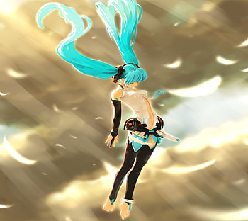 miku, feathers, append, clouds, aqua HD wallpaper