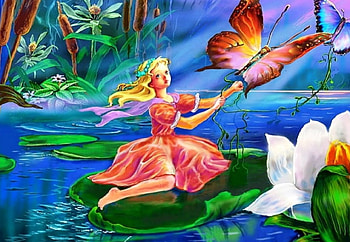 Butterfly Fairy, artwork, butterflies, leaves, painting, sunrays, waterlilies, River HD wallpaper