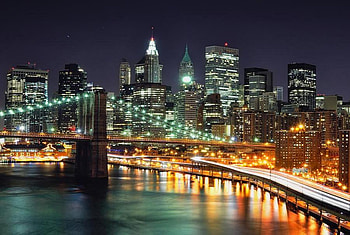 Manhatten night, manhatten, city, buildings, sky scrapers, lights, bridge, america, water, dark sky HD wallpaper