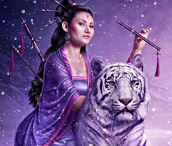 Lonely nights melody, winter, white, asian, tiger, art, girl, woman, purple, julyaart, pink, fantasy HD wallpaper