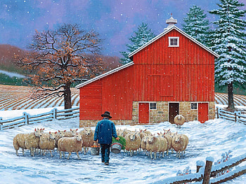 Potluck, barn, sheep, snow, winter, painting, trees HD wallpaper