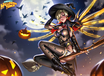 Halloween Mercy, mercy, girl, witch, halloween, moon, fantasy, liang xing, overwatch, luna, luminos, hat HD wallpaper