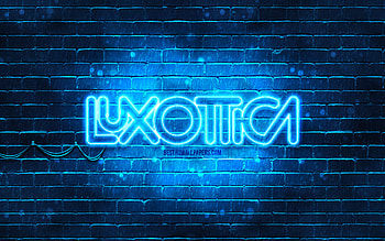 Luxottica blue logo, , blue brickwall, Luxottica logo, brands, Luxottica neon logo, Luxottica HD wallpaper