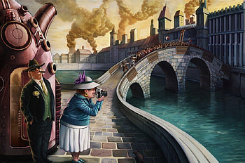 Time Travellers, bridge, time, water, machine HD wallpaper